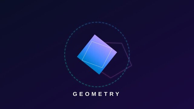 Geometric motion graphic with rotating square, abstract purple and blue geometry animation, minimalist shapes on dark background
