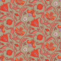 Fototapeta premium Chintz inspired Floral vintage seamless pattern in Jacobean style for retro wallpapers. Enchanted Vintage Flowers. Design for wrapping paper, wallpaper, fabrics and fashion clothes.
