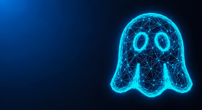 A glowing blue ghost icon with a polygonal design on a dark background, representing technology.