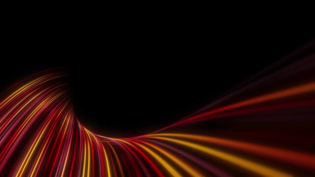 Abstract red and orange neon light trails flowing into curved tunnel. Glowing speed lines with dynamic motion blur on dark futuristic background. Seamless loop animation.