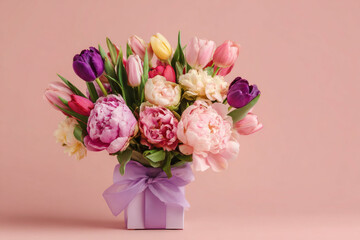 Fototapeta premium Bouquet of colorful tulips and peonies in gift box with bow. Beautiful floral arrangement for surprise or occasion. Decorative spring flower composition for celebration and holiday.