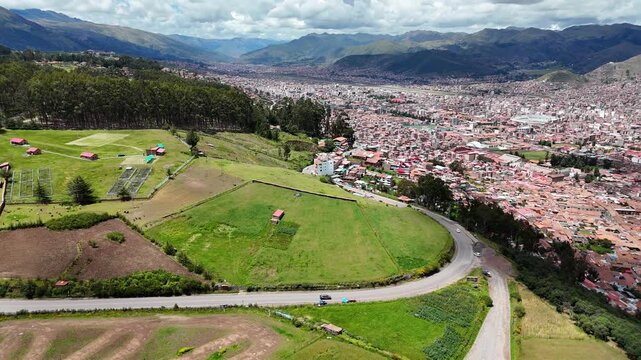 Aerial view of the Qenqo forest and the city of Cusco, Peru