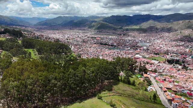 Aerial view of the Qenqo forest and the city of Cusco, Peru