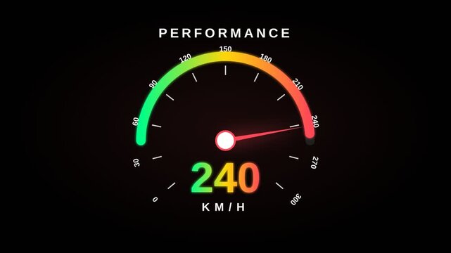 Performance speedometer gauge with digital 240 km/h readout, colorful dashboard indicator for high speed, glowing automotive tachometer on black background