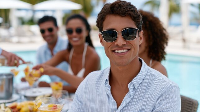 Young man with sunglasses smiles at the camera while enjoying summer drinks with friends by the poolside at a tropical resort during a sunny day