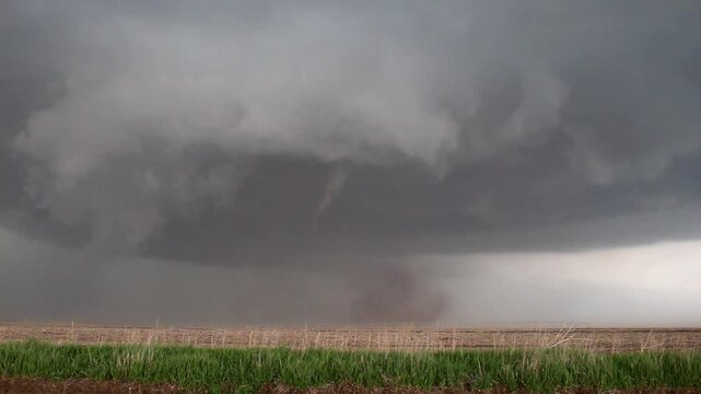 A tornado dissipates beneath a windy thunderstorm with dust blowing across the farmland.