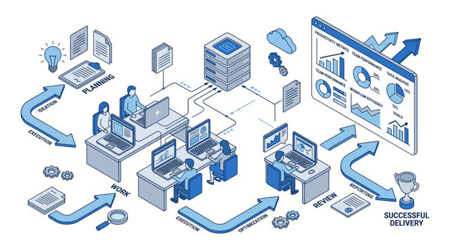 Business Process Management and Data Analysis Workflow Illustration with Team Collaboration and Successful Delivery