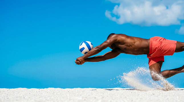 beach volleyball player bounces a ball while jumping, an active competition scene, a banner with copy space advertising sports and active diving at tropical island resorts