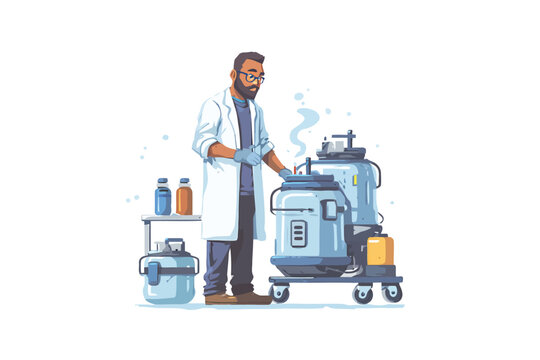 Cryogenics technician at work isolated