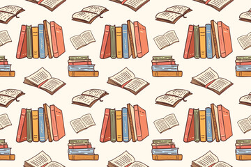 Cozy seamless pattern featuring stacked books, upright book spines, and open pages in a warm hand-drawn style. Ideal for fabric, wallpaper, wrapping paper, stationery, classroom materials © Sergey