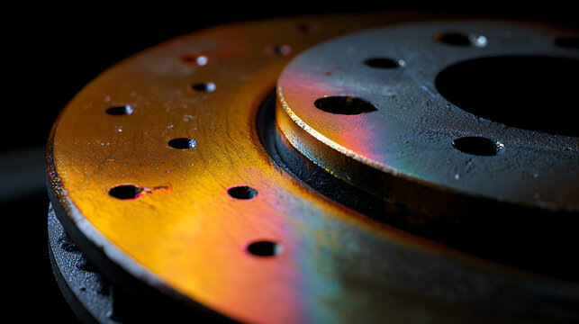Close-up of a rustic metal disc with colorful heat tarnishing, featuring textured surface and circular perforations against a dark background