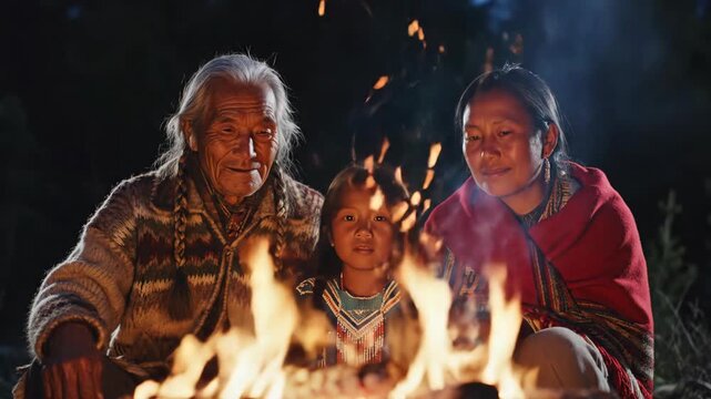 Elderly native american man with asian woman and child sitting by campfire at night. Warm firelight illuminates traditional attire in forest. Cultural family gathering and outdoor bonding concept