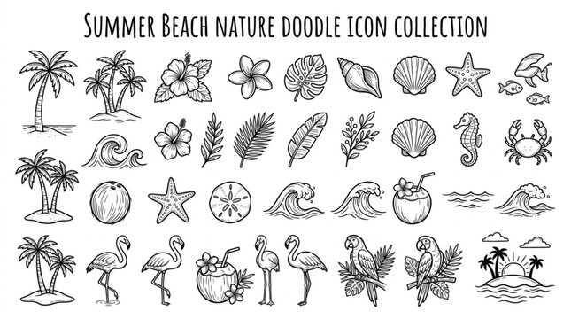 Summer Beach Nature Doodle Icon Collection Hand Drawn.