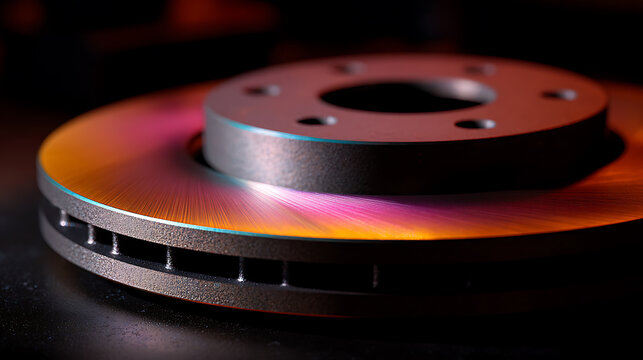 Close-up of a vibrant, iridescent metal disc with colorful reflections, highlighting intricate details and textured surface against a dark background