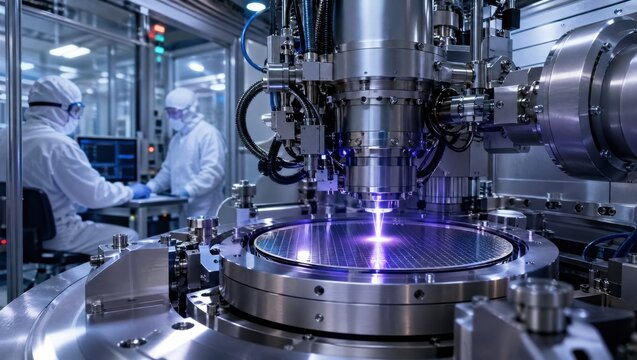 Closeup medium shot of highenergy ion implantation machine meticulously embedding dopants into silicon wafers inside a sterilized shielded bay with operators monitoring controls.