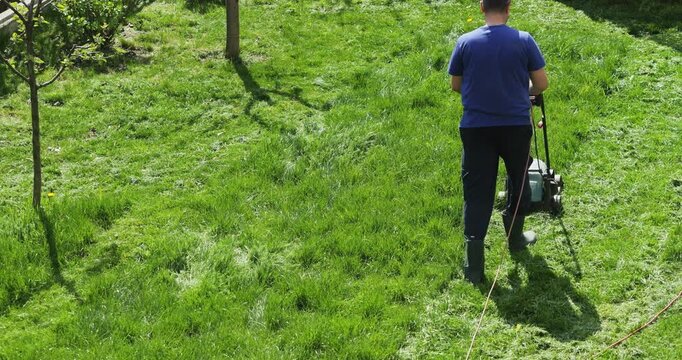 Gardener with mower cutting the grass on the yard lawn, top back view