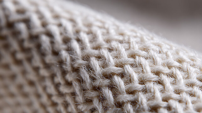 Close-up macro shot of woven fabric texture, showcasing intricate threads and soft, natural fiber patterns for textile background