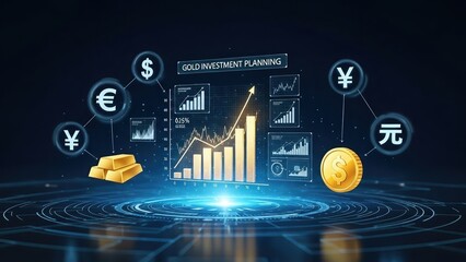 Fototapeta premium Digital Gold Investment Planning Interface with Currency Symbols and Financial Growth Charts