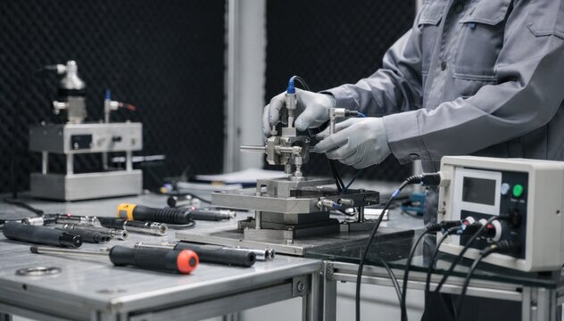 Medium shot showing random sampling inspection of various tools in a vibration test cell ensuring product compliance with industry noise standards.