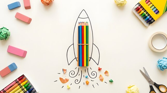 Pencils forming rocket launching with school supplies