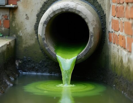Big concrete pipe discharges bright green toxic liquid into dirty water stream. Liquid waste flows from industrial plumbing into open ditch. Waterway contamination from household sewage.
