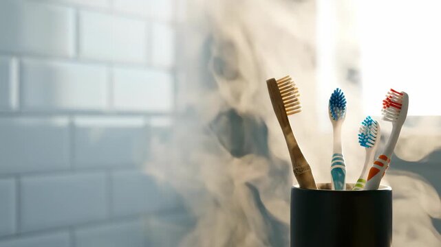 Toothbrushes standing in black cup with rising steam in bathroom. Wooden and plastic dental tools amid misty vapor on tiled wall. Hygiene and freshness concept for daily oral care routine