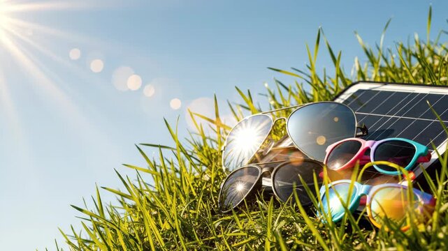 Assortment of colorful sunglasses placed on solar panel amid green grass under sunny blue sky. Outdoor display combining fashion accessories with renewable energy concept