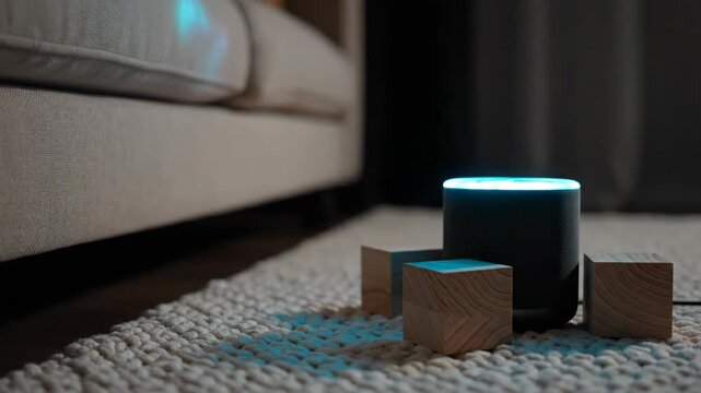 Smart speaker device glowing with blue light on living room floor surrounded by wooden blocks. Home automation technology in modern interior. Voice assistant activation in domestic setting