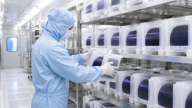 Medium shot of an ISO5 cleanroom wafer storage area showing precise organization of wafer carriers under stringent contamination control.