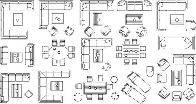Furniture top view floor plan set with sofas tables and chairs for interior design architectural vector layout