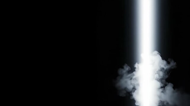 Vertical white light beam appearing in black void with emerging mist. Sequence shows light piercing darkness as fog forms at base. Abstract digital effect for technology energy visualization