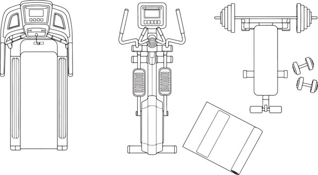Gym equipment set with treadmill elliptical machine weight bench and dumbbells in top view line art vector