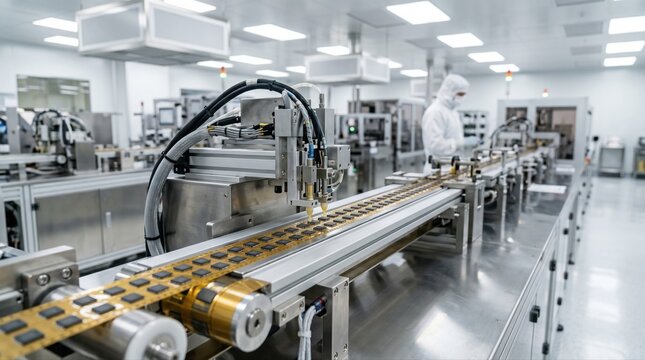 Medium shot of reeltoreel line neatly packaging SSD controller chips focusing on smooth automated encapsulation of small integrated circuits in a hightech cleanroom.