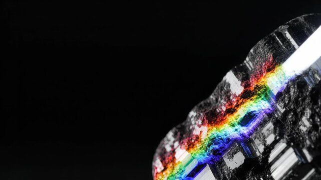 White light beam refracting through ice crystals on dark textured rock surface. Rainbow spectrum colors emerging progressively along edge in macro view. Optical diffraction sequence for scientific