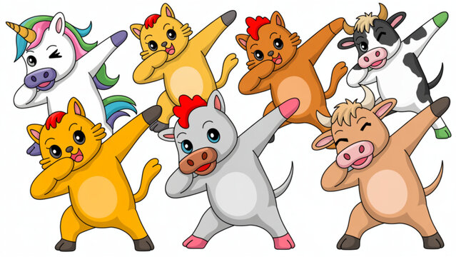 Cute Dabbing Animals Set &ndash; Unicorn Cat Chicken Cow Cartoon Dance Collection
