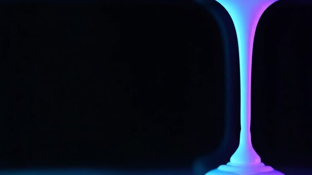 Glowing cyan liquid drop stretching into tall stem shape. Fluid morphing sequence forming elegant glass silhouette on black background. Abstract visualization of viscosity and flow dynamics for
