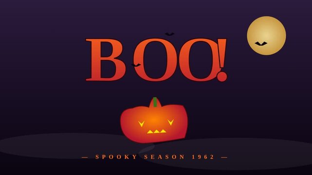Halloween Boo typography animation, spooky season 1962 vintage aesthetic, glowing jack o lantern pumpkin with bats and full moon background