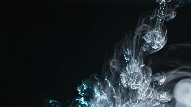White ink diffusion in dark liquid sequence. Abstract swirling patterns emerging from initial bubbles to intricate branching forms. Fluid motion visualization for digital effects and creative