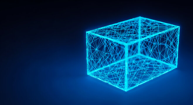 A 3D digital illustration of a cyan wireframe cube with interconnected lines, glowing against a dark blue backdrop.