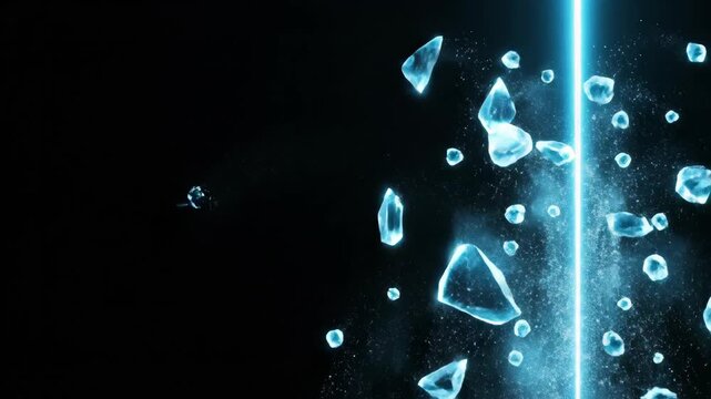 Blue energy beam triggers ice crystal formation and shattering sequence. Vertical light ray builds frozen shards then disperses them outward on dark backdrop. Digital visual effect for technology and