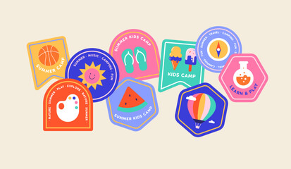 Fototapeta na wymiar Colorful geometric summer camp stickers, badges, pennants, labels and tags set. Playful colorful summer icons collection. Modern vector illustration.