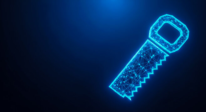 A glowing neon saw tool icon on a dark blue background, showcasing a modern, futuristic design.