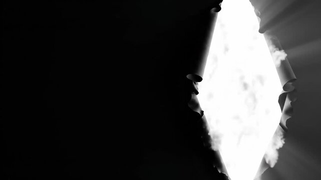 Sequence of dark surface tearing to reveal bursting light rays. Black and white abstract footage showing progressive opening with dramatic center illumination for corporate breakthrough visualization
