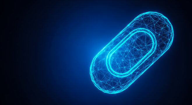 Abstract 3D rendering of a futuristic cell or bacterium with interconnected lines and glowing blue outline.
