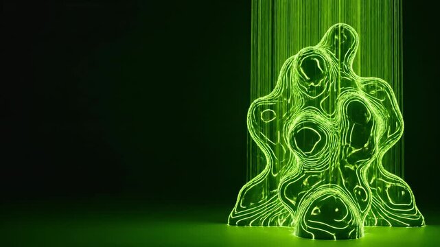 Abstract green glowing human-like forms emerging and connecting in sequence. Animated neon light sculptures evolving from streams to unified group silhouette in darkness