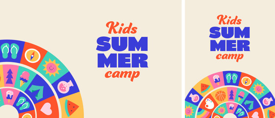Fototapeta na wymiar Colorful playful kids summer camp poster templates with wheel of geometric fun activities icons. Modern summer background illustration.