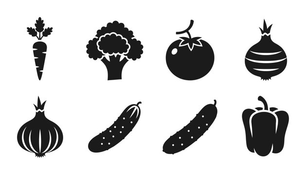Black Vegetable Icons Set: Carrot, Broccoli, Tomato, Onion, Cucumber, Bell Pepper, Fresh Produce Graphics, Healthy Food Vector Collection