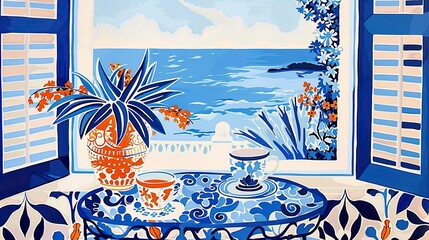Obraz premium Scenic mediterranean window view with morning coffee and decorative pottery