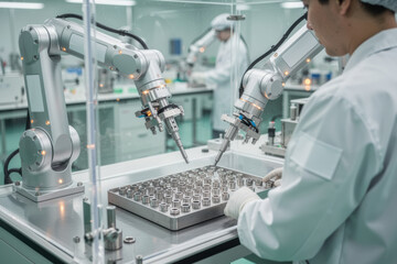 Naklejka premium Man assembling precision components with robotic arms in a clean production line