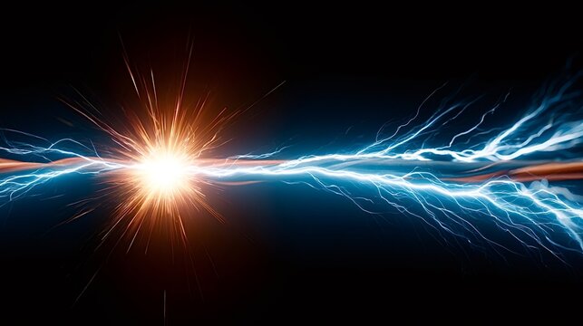 Energy surge generating a bright orange explosion with blue electrical current streaming towards it, illustrating power, connection, and scientific phenomena